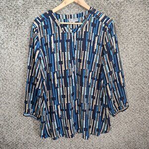 JM Collection Top Womens XXL 2XL Blue Printed Sheer Popover Blouse Casual Ladies